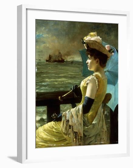 A Lady with a Parasol Looking Out to Sea-Alfred Emile Léopold Stevens-Framed Giclee Print