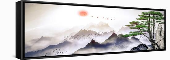 A Landscape Painting of Pine Trees, Distant Mountains, Clouds and Sunrise. Tthe Chinese Painting St-null-Framed Stretched Canvas