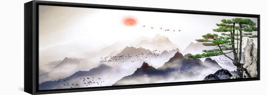 A Landscape Painting of Pine Trees, Distant Mountains, Clouds and Sunrise. Tthe Chinese Painting St-null-Framed Stretched Canvas