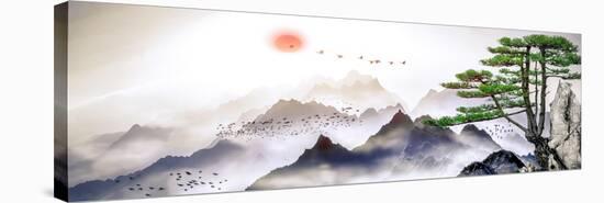 A Landscape Painting of Pine Trees, Distant Mountains, Clouds and Sunrise. Tthe Chinese Painting St-null-Stretched Canvas