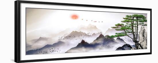 A Landscape Painting of Pine Trees, Distant Mountains, Clouds and Sunrise. Tthe Chinese Painting St-null-Framed Premium Giclee Print