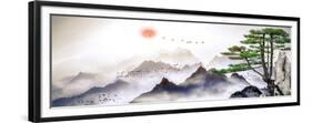 A Landscape Painting of Pine Trees, Distant Mountains, Clouds and Sunrise. Tthe Chinese Painting St-null-Framed Premium Giclee Print