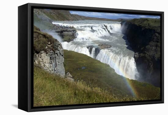 A Landscape View of Gullfoss Waterfall with a Faint Rainbow with People in the Background-Natalie Tepper-Framed Stretched Canvas