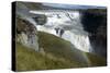 A Landscape View of Gullfoss Waterfall with a Faint Rainbow with People in the Background-Natalie Tepper-Stretched Canvas