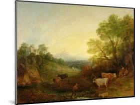 A Landscape with Cattle and Figures by a Stream and a Distant Bridge, c.1772-4-Thomas Gainsborough-Mounted Giclee Print