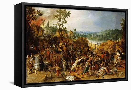 A Landscape with Marauders attacking a Wagon Train and Pillaging a Village-Sebastian Vrancx-Framed Stretched Canvas