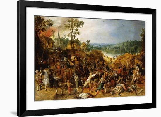 A Landscape with Marauders attacking a Wagon Train and Pillaging a Village-Sebastian Vrancx-Framed Giclee Print