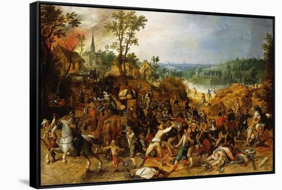 A Landscape with Marauders attacking a Wagon Train and Pillaging a Village-Sebastian Vrancx-Framed Stretched Canvas