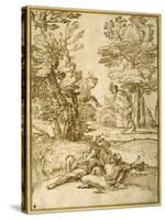 A Landscape with Two Shepherds Lads Resting, While a Satyr and a Goat Dance-Giovanni Francesco Grimaldi-Stretched Canvas