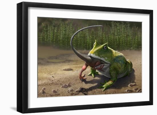 A Large Beelzebufo Frog Eating a Small Masiakasaurus-null-Framed Art Print