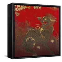 A Large Chinese Red Lacquered Wood Rectangular Panel Depicting a Seated Kylin with Head Turned to…-null-Framed Stretched Canvas
