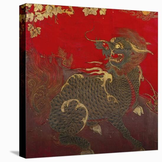 A Large Chinese Red Lacquered Wood Rectangular Panel Depicting a Seated Kylin with Head Turned to…-null-Stretched Canvas