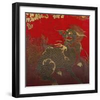 A Large Chinese Red Lacquered Wood Rectangular Panel Depicting a Seated Kylin with Head Turned to…-null-Framed Giclee Print