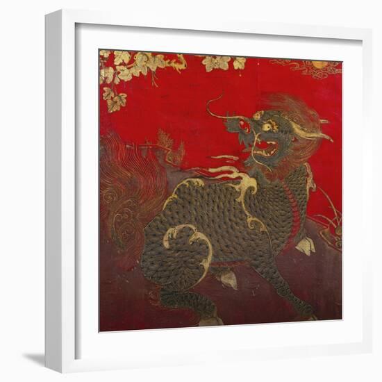 A Large Chinese Red Lacquered Wood Rectangular Panel Depicting a Seated Kylin with Head Turned to…-null-Framed Giclee Print