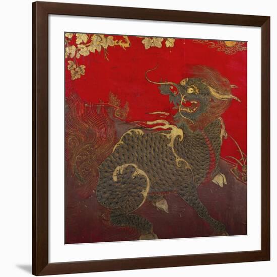 A Large Chinese Red Lacquered Wood Rectangular Panel Depicting a Seated Kylin with Head Turned to…-null-Framed Giclee Print