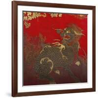 A Large Chinese Red Lacquered Wood Rectangular Panel Depicting a Seated Kylin with Head Turned to…-null-Framed Giclee Print