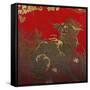 A Large Chinese Red Lacquered Wood Rectangular Panel Depicting a Seated Kylin with Head Turned to…-null-Framed Stretched Canvas