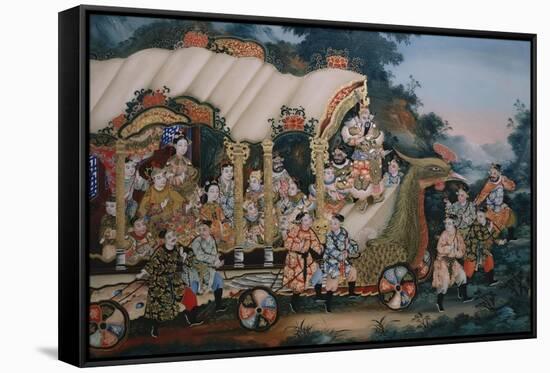 A Large Chinese Reverse Glass Painting Depicting a Festival Procession with-null-Framed Stretched Canvas