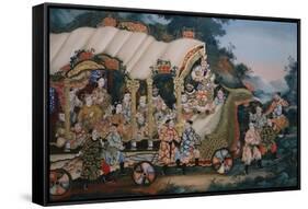 A Large Chinese Reverse Glass Painting Depicting a Festival Procession with-null-Framed Stretched Canvas