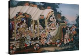 A Large Chinese Reverse Glass Painting Depicting a Festival Procession with-null-Stretched Canvas