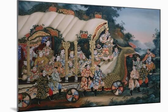 A Large Chinese Reverse Glass Painting Depicting a Festival Procession with-null-Mounted Giclee Print