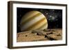 A Large Cloud Covered Planet Rises over a Rocky and Barren Alien World-Stocktrek Images-Framed Art Print