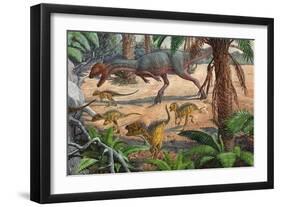 A Large Dracovenator Chasing a Group of Heterodontosaurus Dinosaurs-null-Framed Art Print