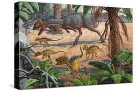 A Large Dracovenator Chasing a Group of Heterodontosaurus Dinosaurs-null-Stretched Canvas