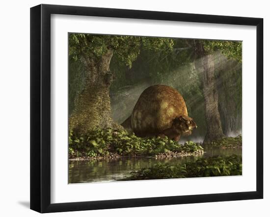 A Large Glyptodon Stands Near the Edge of a Stream-null-Framed Art Print