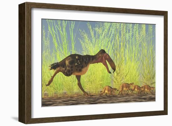 A Large Kalenken Flightless Terror Bird Hunting Smaller Eurohippus-null-Framed Art Print