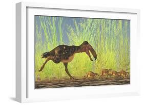 A Large Kalenken Flightless Terror Bird Hunting Smaller Eurohippus-null-Framed Art Print