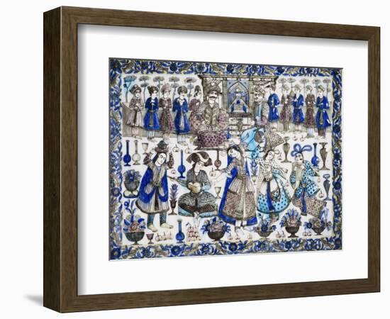 A Large Qajar Rectangular Tile, Two Gentlemen Seated in an Interior Flanked by Numerous Attendants-null-Framed Giclee Print