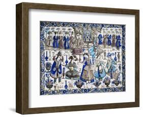 A Large Qajar Rectangular Tile, Two Gentlemen Seated in an Interior Flanked by Numerous Attendants-null-Framed Giclee Print