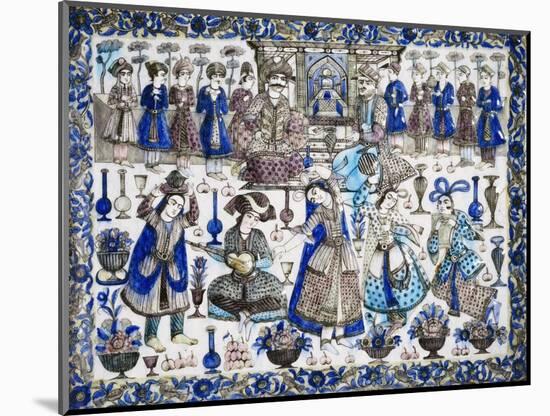 A Large Qajar Rectangular Tile, Two Gentlemen Seated in an Interior Flanked by Numerous Attendants-null-Mounted Giclee Print