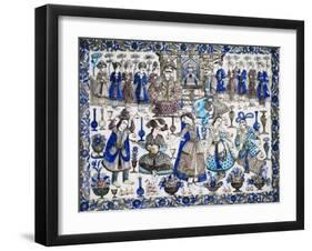 A Large Qajar Rectangular Tile, Two Gentlemen Seated in an Interior Flanked by Numerous Attendants-null-Framed Giclee Print