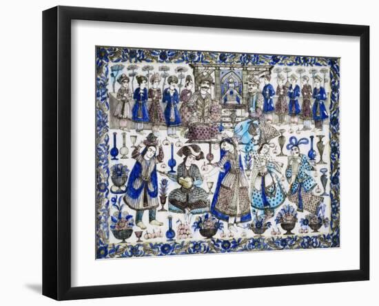 A Large Qajar Rectangular Tile, Two Gentlemen Seated in an Interior Flanked by Numerous Attendants-null-Framed Giclee Print