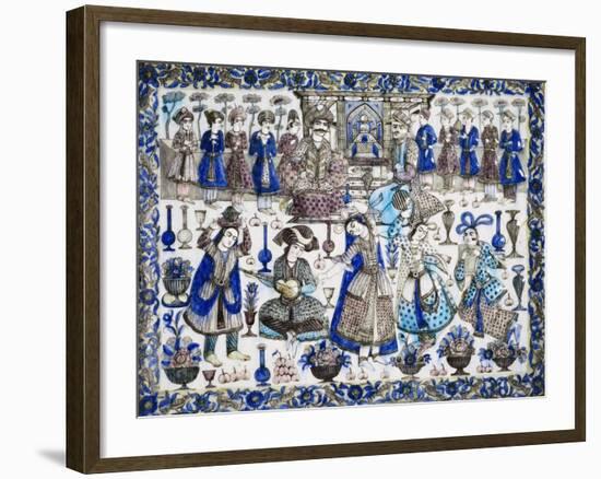 A Large Qajar Rectangular Tile, Two Gentlemen Seated in an Interior Flanked by Numerous Attendants-null-Framed Giclee Print