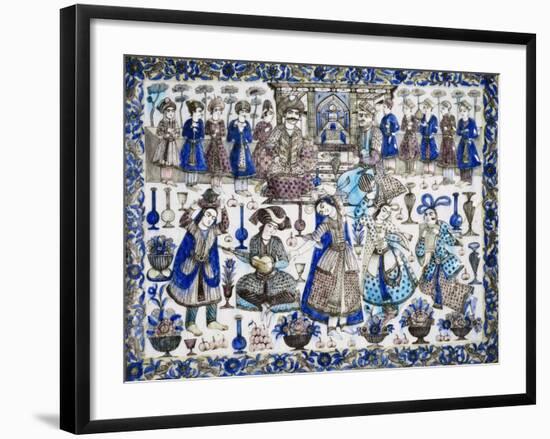 A Large Qajar Rectangular Tile, Two Gentlemen Seated in an Interior Flanked by Numerous Attendants-null-Framed Giclee Print