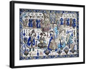 A Large Qajar Rectangular Tile, Two Gentlemen Seated in an Interior Flanked by Numerous Attendants-null-Framed Giclee Print