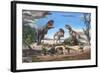 A Large Rajasaurus Roars in an Attempt to Scare Two Indosuchus Away from their Kill-null-Framed Art Print