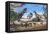 A Large Rajasaurus Roars in an Attempt to Scare Two Indosuchus Away from their Kill-null-Framed Stretched Canvas