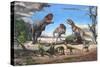 A Large Rajasaurus Roars in an Attempt to Scare Two Indosuchus Away from their Kill-null-Stretched Canvas