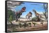 A Large Rajasaurus Roars in an Attempt to Scare Two Indosuchus Away from their Kill-null-Framed Stretched Canvas
