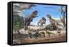 A Large Rajasaurus Roars in an Attempt to Scare Two Indosuchus Away from their Kill-null-Framed Stretched Canvas