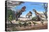 A Large Rajasaurus Roars in an Attempt to Scare Two Indosuchus Away from their Kill-null-Stretched Canvas