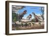 A Large Rajasaurus Roars in an Attempt to Scare Two Indosuchus Away from their Kill-null-Framed Art Print