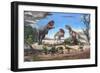 A Large Rajasaurus Roars in an Attempt to Scare Two Indosuchus Away from their Kill-null-Framed Art Print