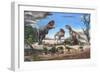 A Large Rajasaurus Roars in an Attempt to Scare Two Indosuchus Away from their Kill-null-Framed Art Print