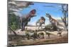 A Large Rajasaurus Roars in an Attempt to Scare Two Indosuchus Away from their Kill-null-Mounted Art Print