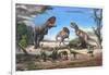 A Large Rajasaurus Roars in an Attempt to Scare Two Indosuchus Away from their Kill-null-Framed Art Print